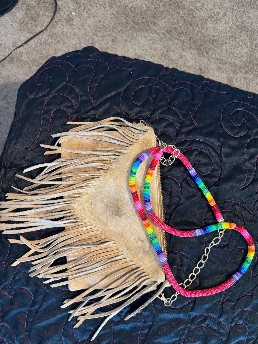 BED|STU Beige Fringe Crossbody with Rainbow Beaded Strap